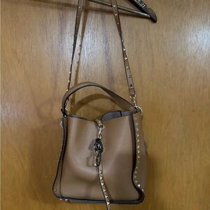 Studded Tan Leather Bucket Bag